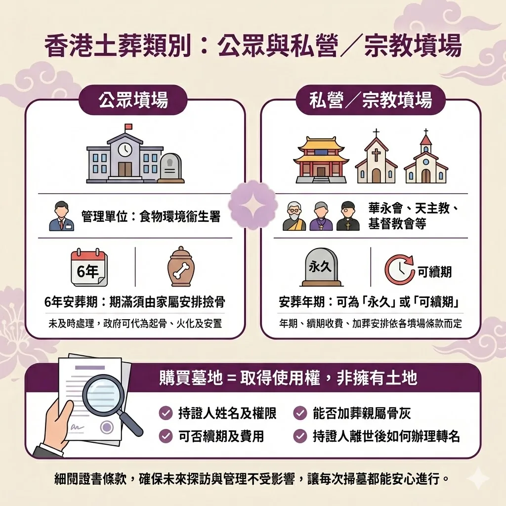 香港土葬類別比較：食環署公眾墳場 6 年安葬期 vs 私營宗教墳場永久續期條款。
