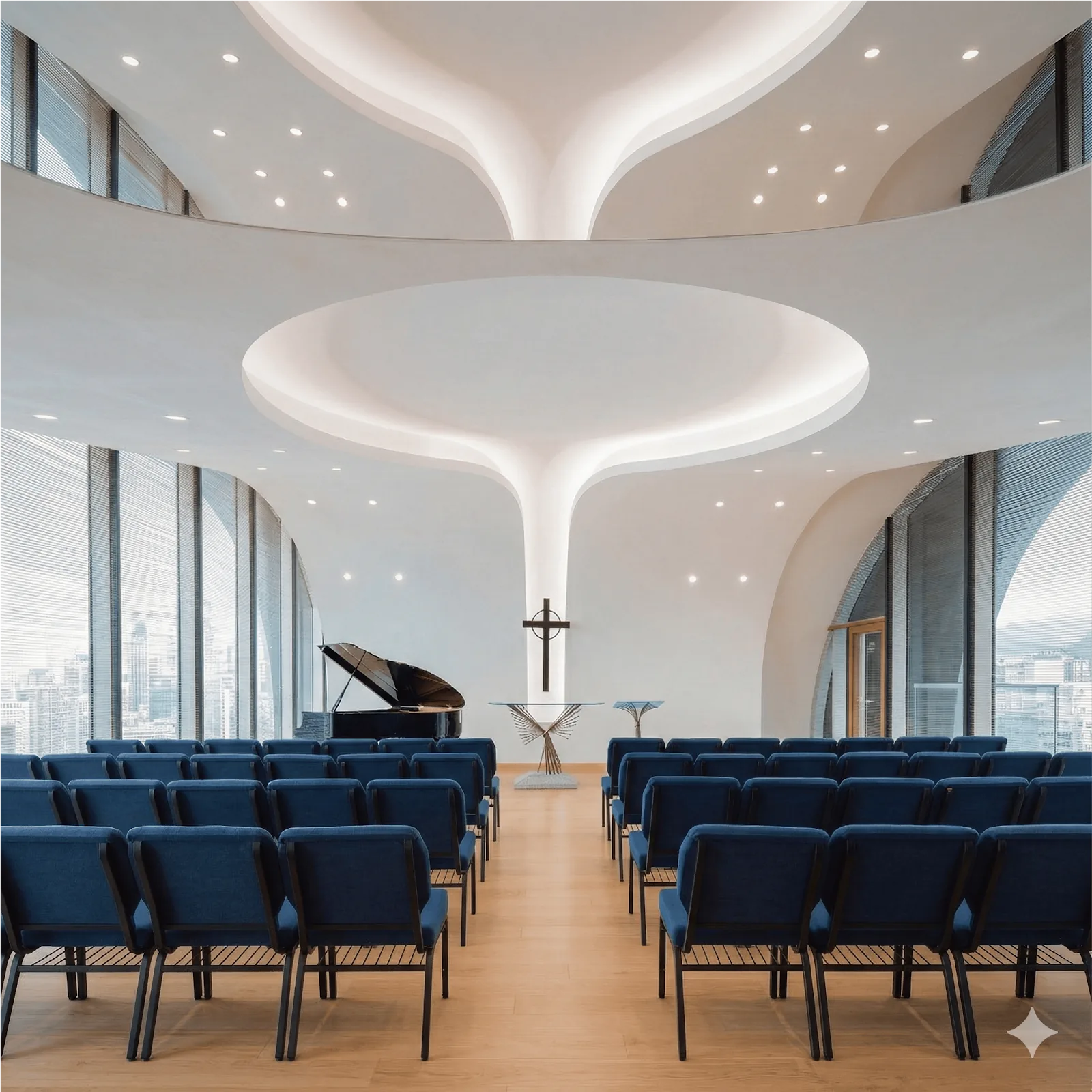 22樓天空小禮堂室內實景：落地玻璃窗透射自然光，遠眺跑馬地及維港景觀，營造溫暖聖潔的追思氛圍。