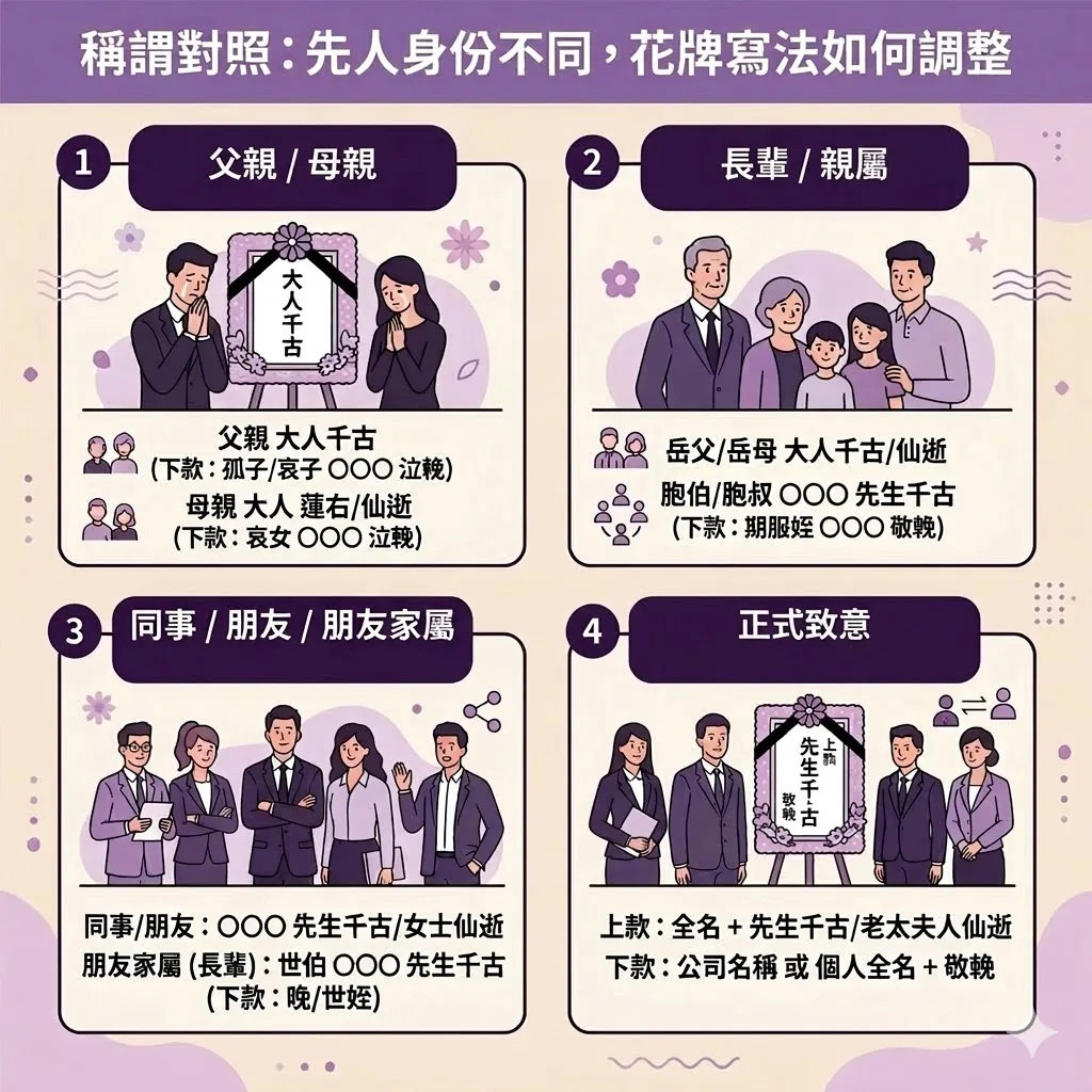 帛事花牌稱謂對照指南：父親母親、長輩親屬、同事朋友及家屬的花牌輓詞寫法。包含「父親大人千古」、「岳父母仙逝」、「世伯伯母」等上款尊稱與下款「泣輓/敬輓」的正確配搭格式。