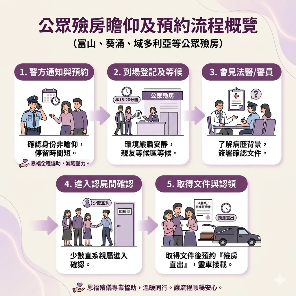 香港公眾殮房認領遺體及法醫確認程序流程圖