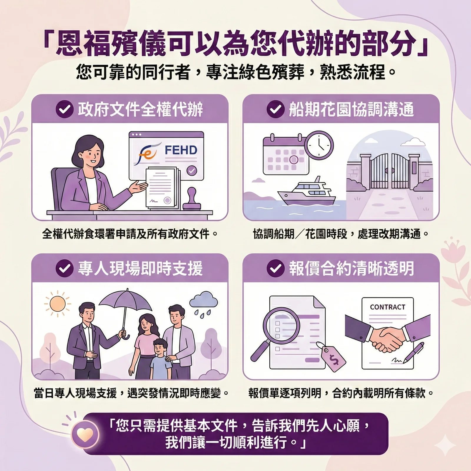 恩福殯儀專業代辦服務：處理食環署文件、船期協調及現場支援