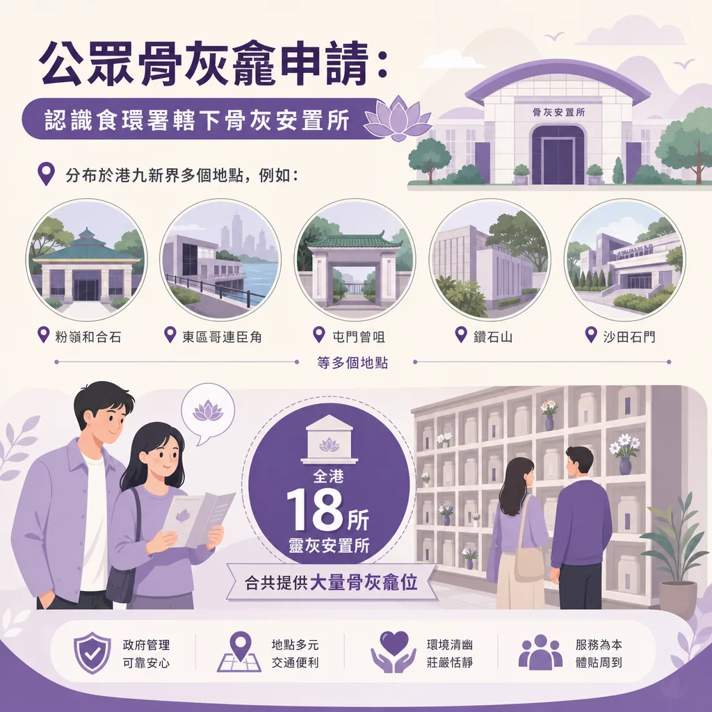 公眾骨灰龕申請資訊圖表，主題為『認識食環署轄下骨灰安置所』。圖中指出全港共有 18 所靈灰安置所，合共提供大量骨灰龕位。地點分佈於港九新界多個地方，並列舉了粉嶺和合石、東區哥連臣角、屯門曾咀、鑽石山、沙田石門等。底部列出四大特點：政府管理可靠安心、地點多元交通便利、環境清幽莊嚴恬靜、服務為本體貼周到。插圖帶有男女家屬正在閱讀手冊及參觀安置所的溫馨畫面。