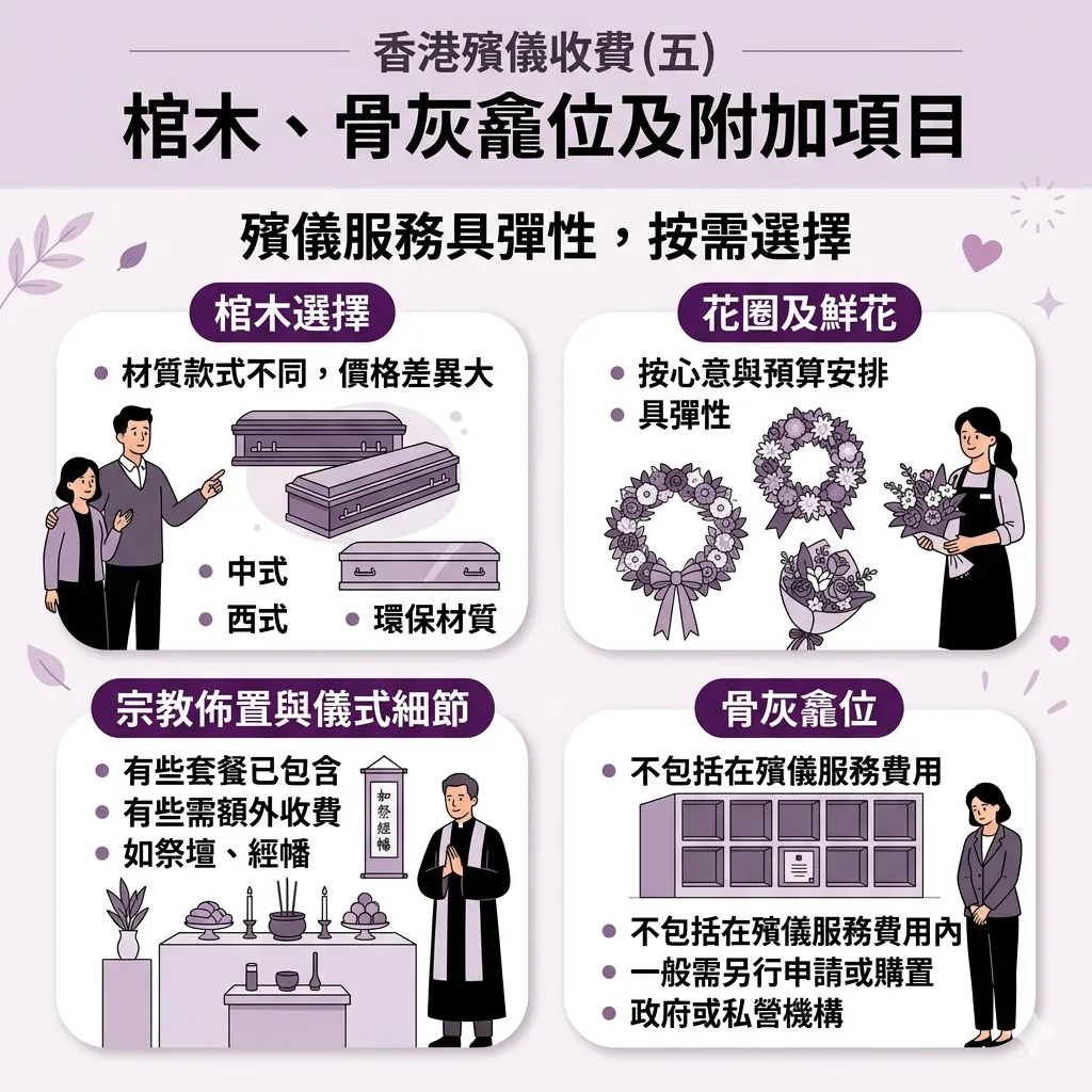 展示不同的中西式棺木、殯儀鮮花花圈及骨灰龕位申請手續費的對比