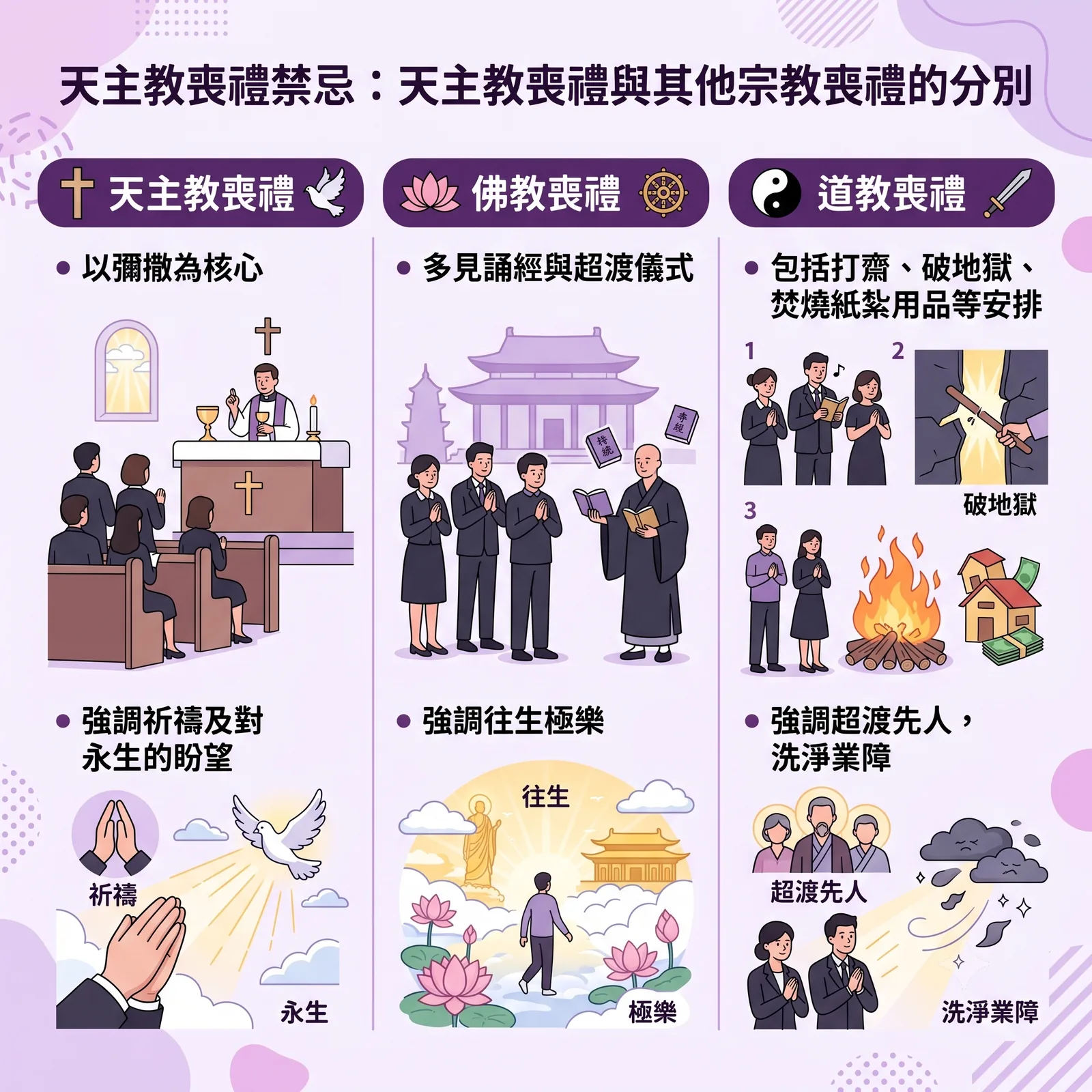 三大宗教喪禮對比圖表：天主教喪禮以彌撒為核心，強調祈禱與永生盼望；佛教喪禮多見誦經超渡，強調往生極樂；道教喪禮包含打齋、破地獄及燒紙紮，強調超渡先人與洗淨業障。