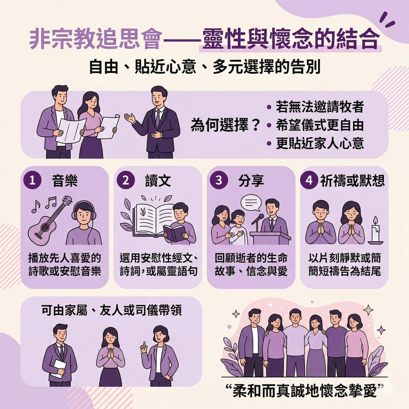 在溫馨莊嚴的禮堂中進行非宗教形式的追思會，保留詩歌與默想環節