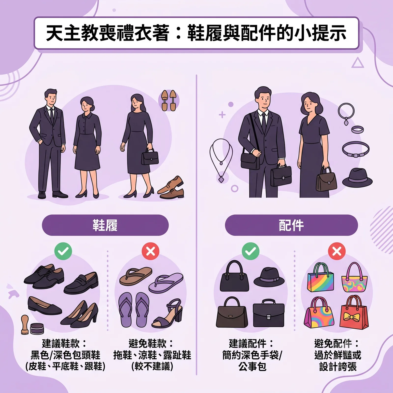 天主教喪禮衣著的鞋履與配件指南圖卡。分為兩大區塊：『鞋履』部分，綠色勾勾建議黑色或深色包頭鞋（如皮鞋、平底鞋、跟鞋），紅色叉叉提醒避免拖鞋、涼鞋與露趾鞋。『配件』部分，綠色勾勾建議簡約深色手袋或公事包、深色帽子，紅色叉叉提醒避免過於鮮豔（如彩虹色、花俏圖案）或設計誇張的包款與飾品。