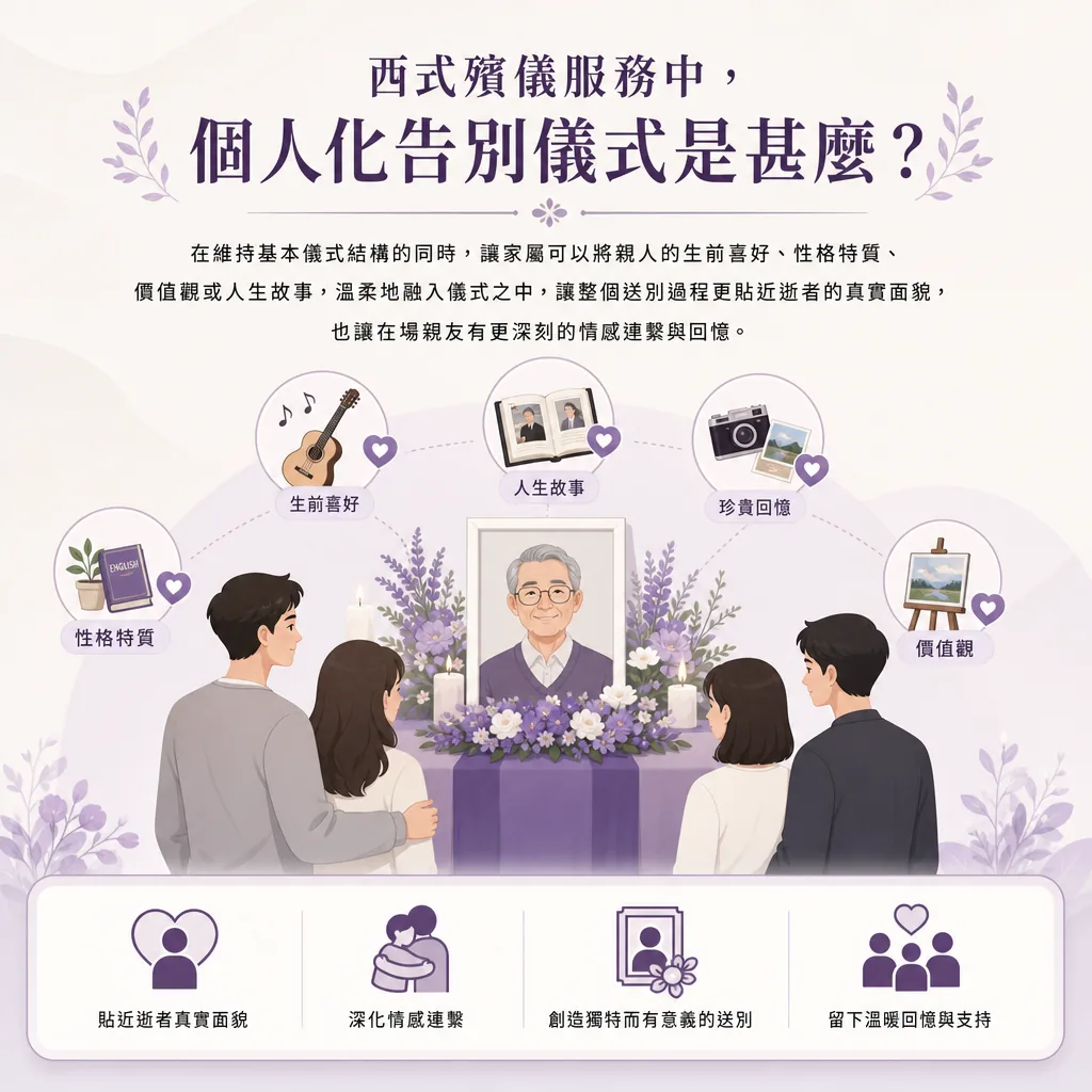西式殯儀服務資訊圖表，標題為「在西式殯儀服務中，個人化告別儀式是甚麼？」。內文說明在維持基本儀式結構下，融入親人生前喜好、性格特質、價值觀或人生故事。插圖呈現四位家屬圍繞長者的遺照與紫色花藝。圖中列出五大融入元素：性格特質、生前喜好（吉他）、人生故事（相簿）、珍貴回憶（相機）、價值觀（畫作）；底部列出四大意義：貼近逝者真實面貌、深化情感連繫、創造獨特而有意義的送別、留下溫暖回憶與支持。