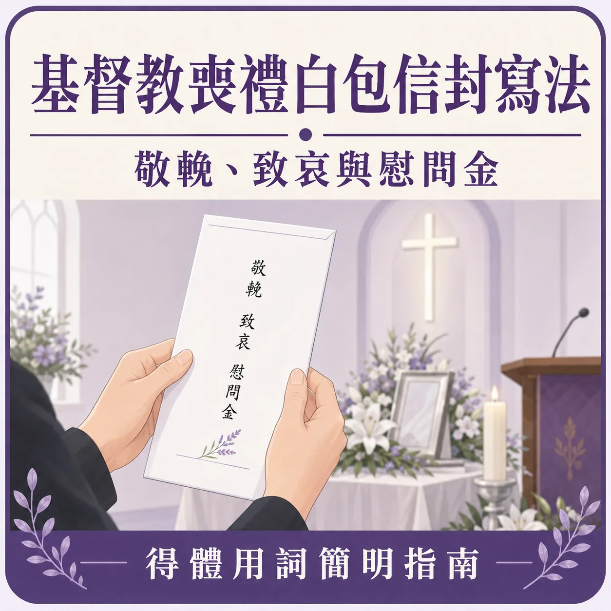 基督教喪禮白包信封寫法：敬挽、致哀與慰問金得體用詞簡明指南——賓客於教堂持白色信封示意圖