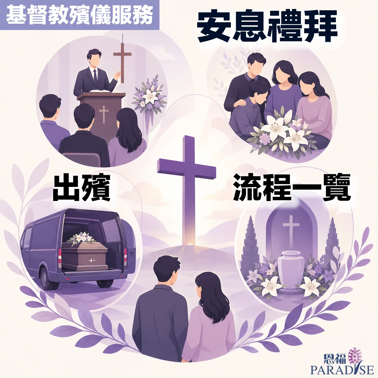 基督教安息禮拜現場佈置，十字架與鮮花營造莊嚴溫馨的告別氛圍