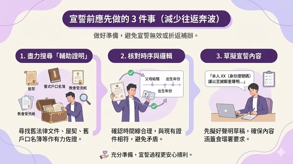 民政事務處宣誓準備指南：包括搜尋輔助證明文件（如屋契、受洗紙）、核對家庭成員出生時序邏輯，以及預先草擬法定聲明內容，確保申請順利。