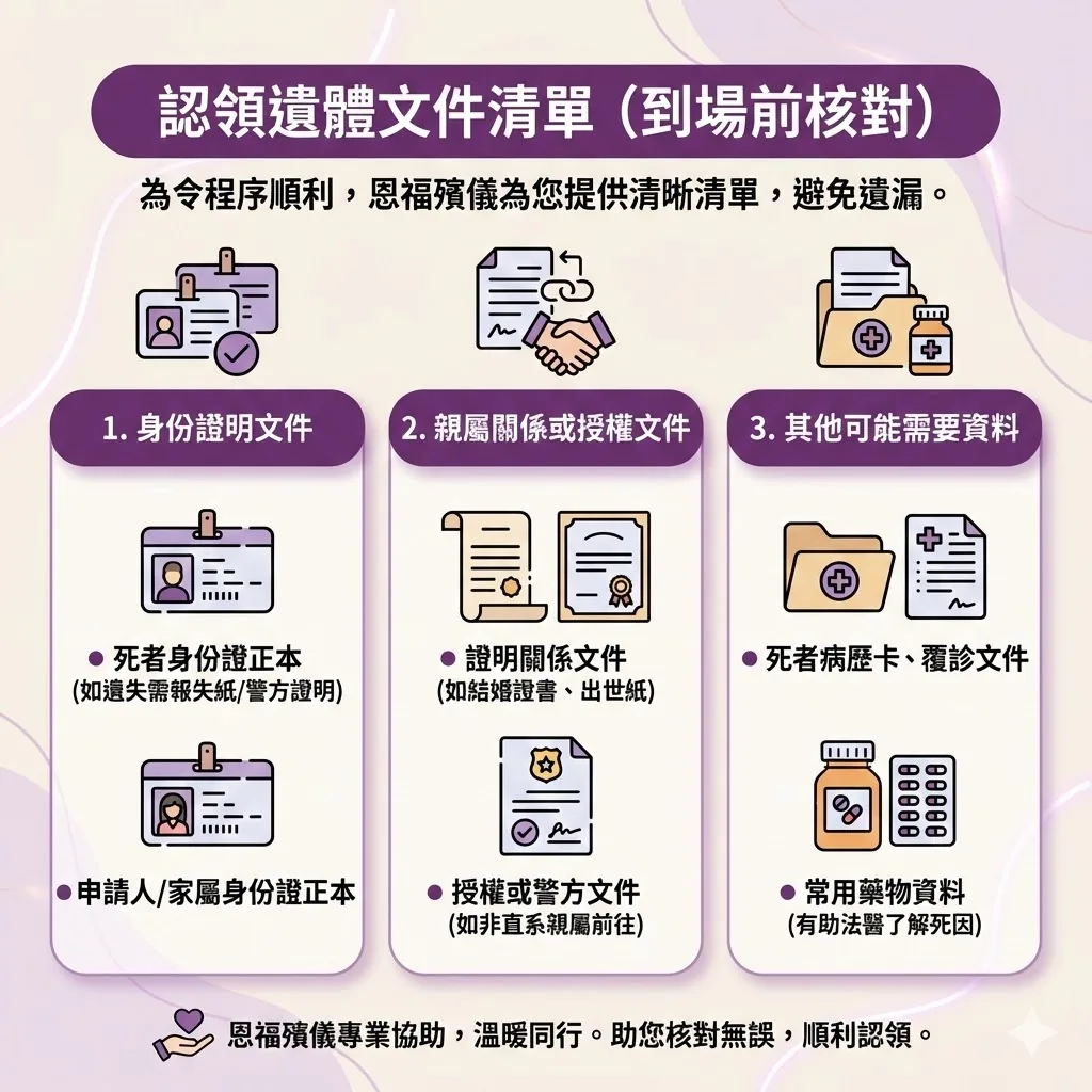 辦理公眾殮房認領遺體手續所需文件核對清單，包括身份證及關係證明