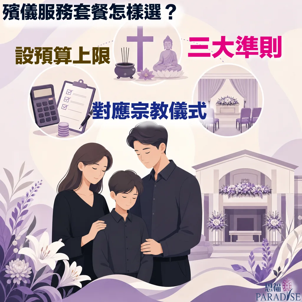 家屬正在對比不同殯儀服務套餐，考慮宗教儀式、預算與場地規模的畫面