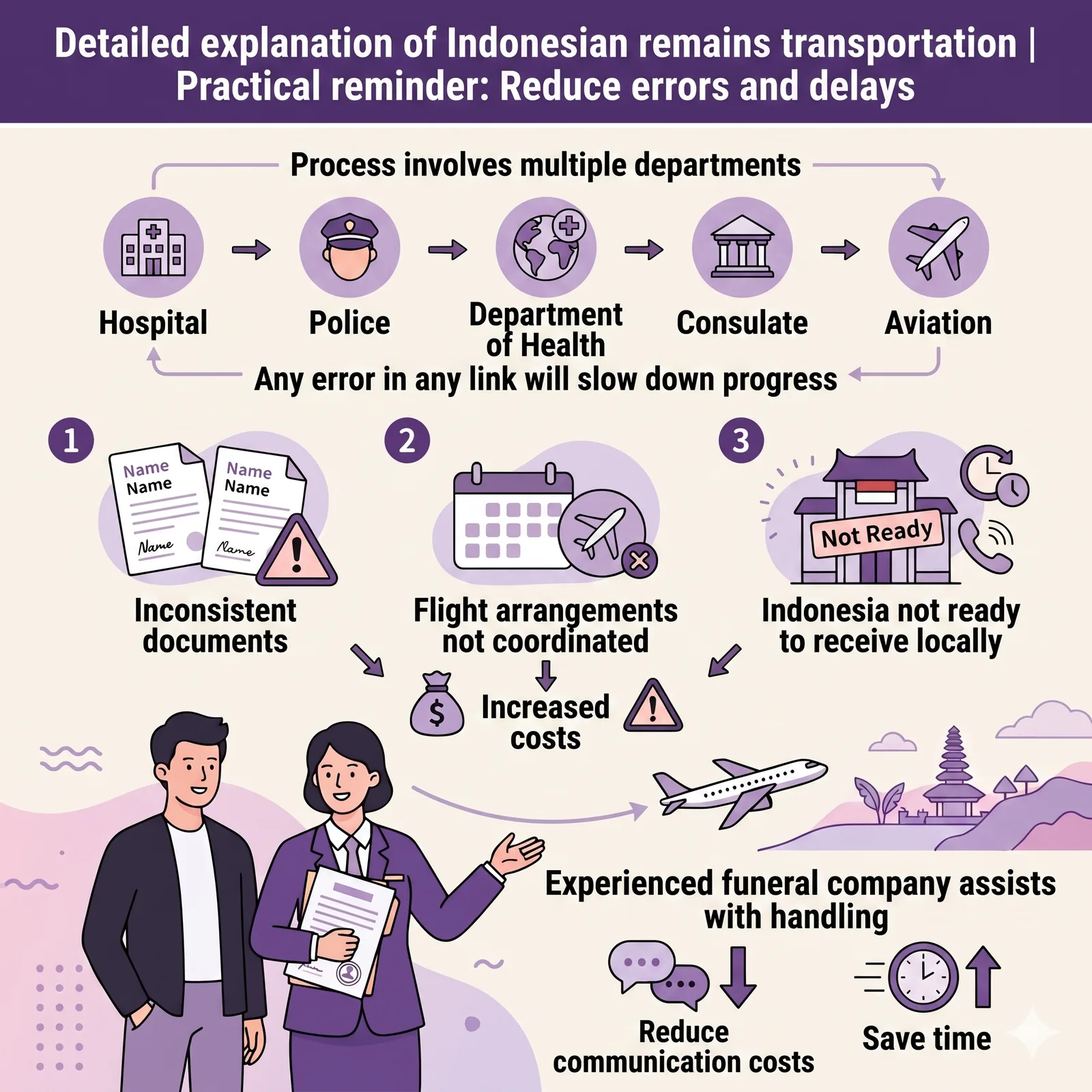 Infographic on practical reminders for Indonesian body repatriation, themed "Reduce Errors and Delays." The chart shows the process involves hospitals, police, health bureau, consulate, and airlines; any error in one step delays progress. It lists three common causes of increased costs: inconsistent documents, uncoordinated flight arrangements, and lack of local reception preparation in Indonesia. The bottom recommends engaging an experienced funeral company to reduce communication costs and save time.