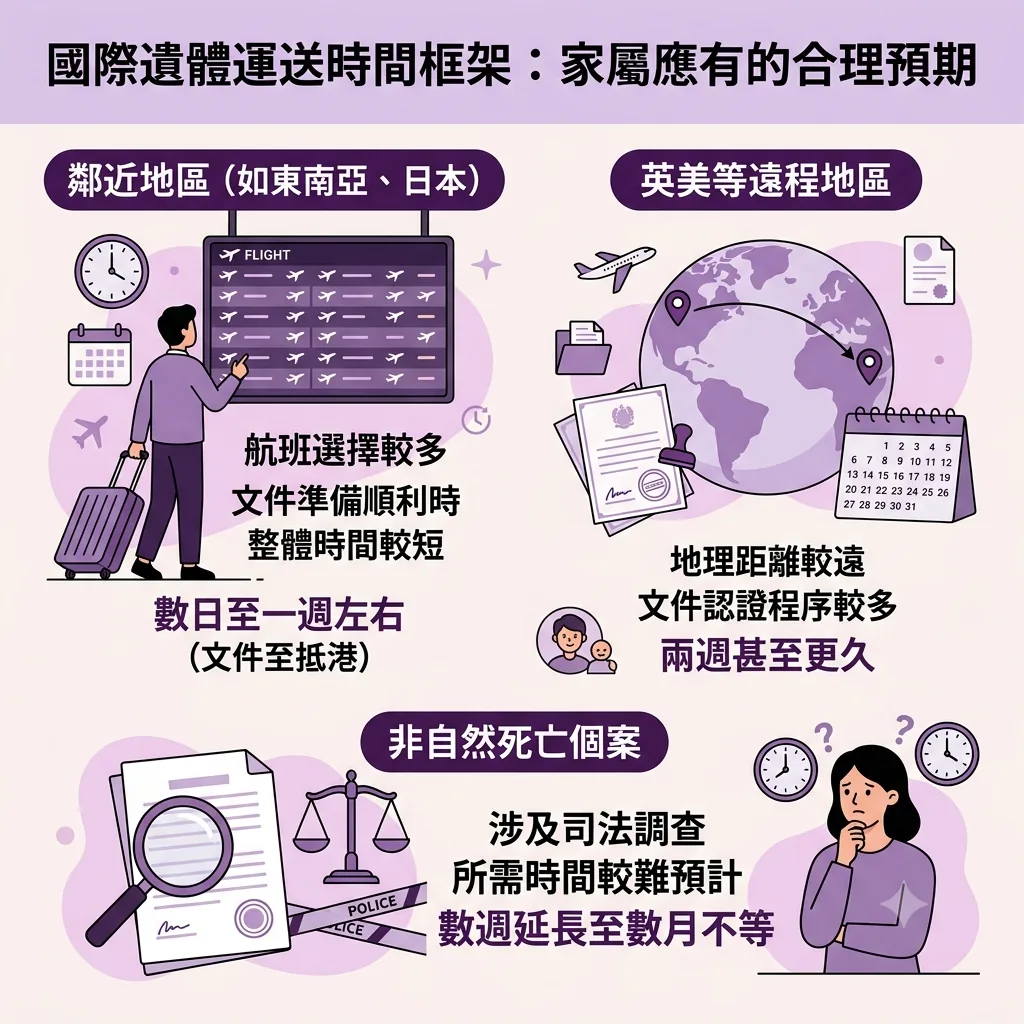 資訊圖表：主題為「國際遺體運送時間框架：家屬應有的合理預期」。內容分為三部分：一、鄰近地區（如東南亞、日本）：航班選擇較多，文件準備順利時整體時間較短，約數日至一週左右（文件至抵港）。二、英美等遠程地區：地理距離較遠，文件認證程序較多，需兩週甚至更久。三、非自然死亡個案：涉及司法調查，所需時間較難預計，由數週延長至數月不等。圖中配有紫色調的插圖如飛機航班表、地球儀、日曆、法槌、天平及面露擔憂的家屬。
