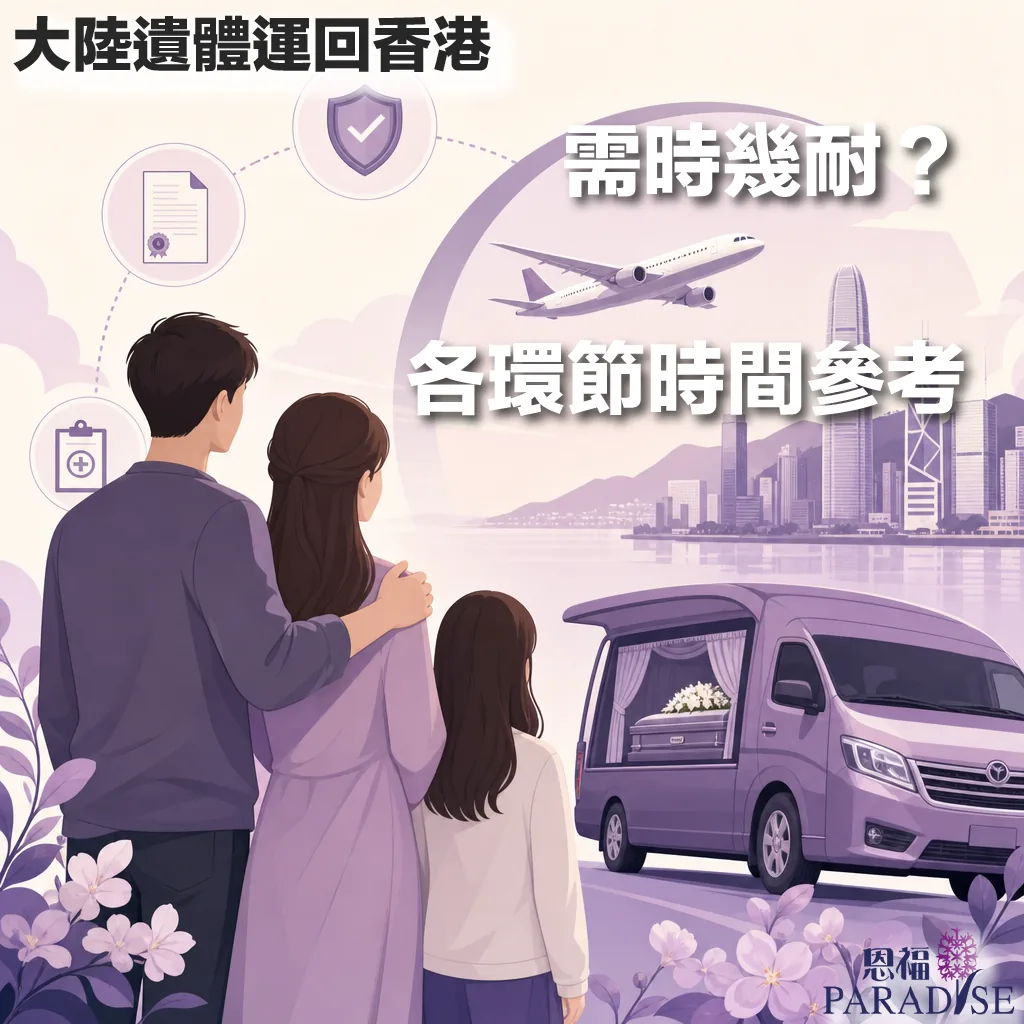 恩福 Paradise 宣傳圖：主題為「大陸遺體運回香港需時幾耐？各環節時間參考」。圖片中有一家三口的背影，正看著遠方的香港天際線、飛機以及一輛載有棺木與鮮花的紫色靈車。