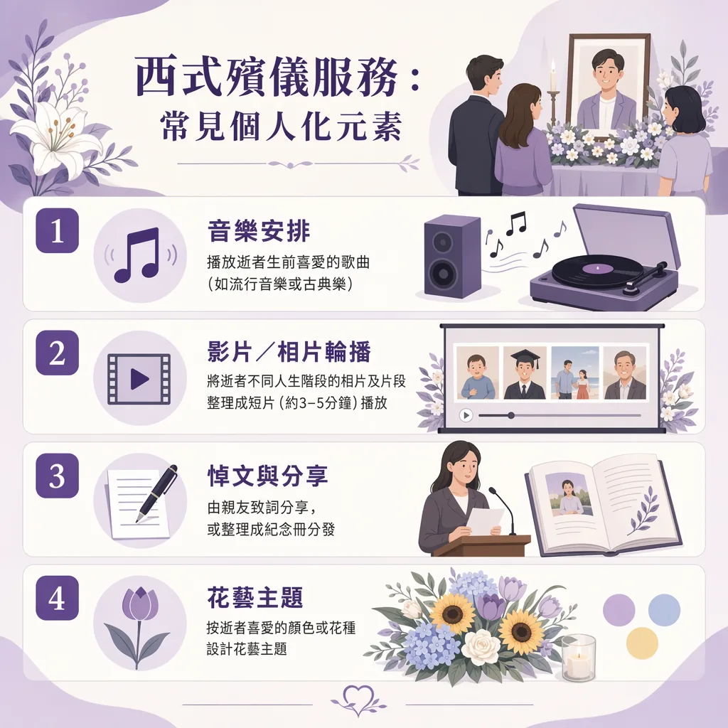 西式殯儀服務資訊圖表，主題為「西式殯儀服務：常見個人化元素」。右上角有親友圍繞青年遺照與鮮花的插圖。圖中詳細列出 4 大個人化元素：1. 音樂安排（播放逝者生前喜愛的歌曲，如流行音樂或古典樂，配有唱片機插圖）；2. 影片／相片輪播（將逝者不同人生階段的相片及片段整理成約 3-5 分鐘短片播放）；3. 悼文與分享（由親友致詞分享，或整理成紀念冊分發，配有女子致詞與紀念冊插圖）；4. 花藝主題（按逝者喜愛的顏色或花種設計花藝主題，配有向日葵與繡球花藝插圖）。