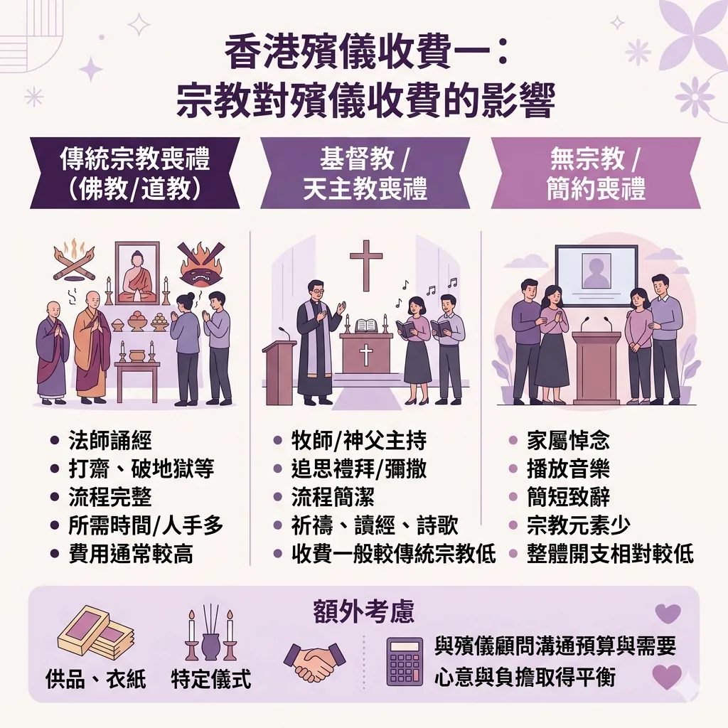 對比道教破地獄法事、佛教誦經與基督教安息禮拜在儀式流程與收費上的差異