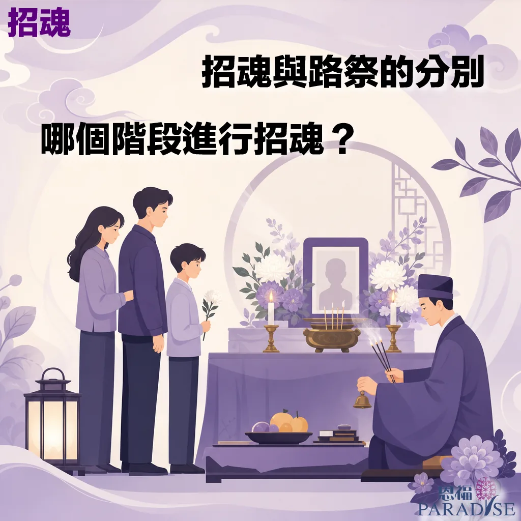 恩福 PARADISE 的宣傳圖片，主題為「招魂與路祭的分別」及「哪個階段進行招魂？」。圖片採用淡紫色調的柔和插畫風格，右下角有一名身穿紫色道袍的法師正在持香、搖鈴進行法事。前方設有靈堂祭壇，擺放著逝者遺照、鮮花、蠟燭、香爐與供品。左側有三位身著素色衣服的家屬（一男一女及一名手捧白花的少年）神情肅穆地站立參與儀式。