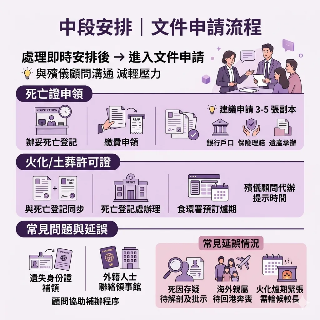 死亡證與火化許可證申請指南。說明如何與死亡登記處及食環署對接，以及導致葬禮延誤的常見因素（如死因存疑、海外親屬回港）。