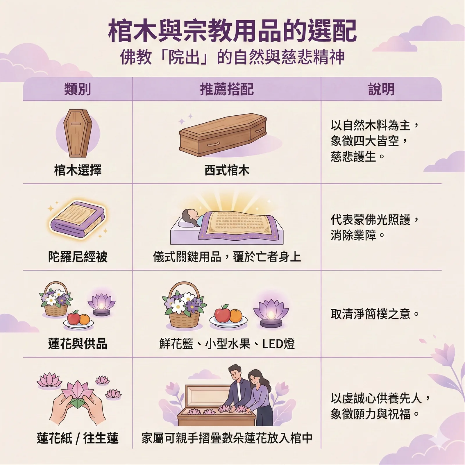 佛教殯儀用品推薦：陀羅尼經被（往生被）、西式環保棺木及家屬親手摺疊的供養蓮花。