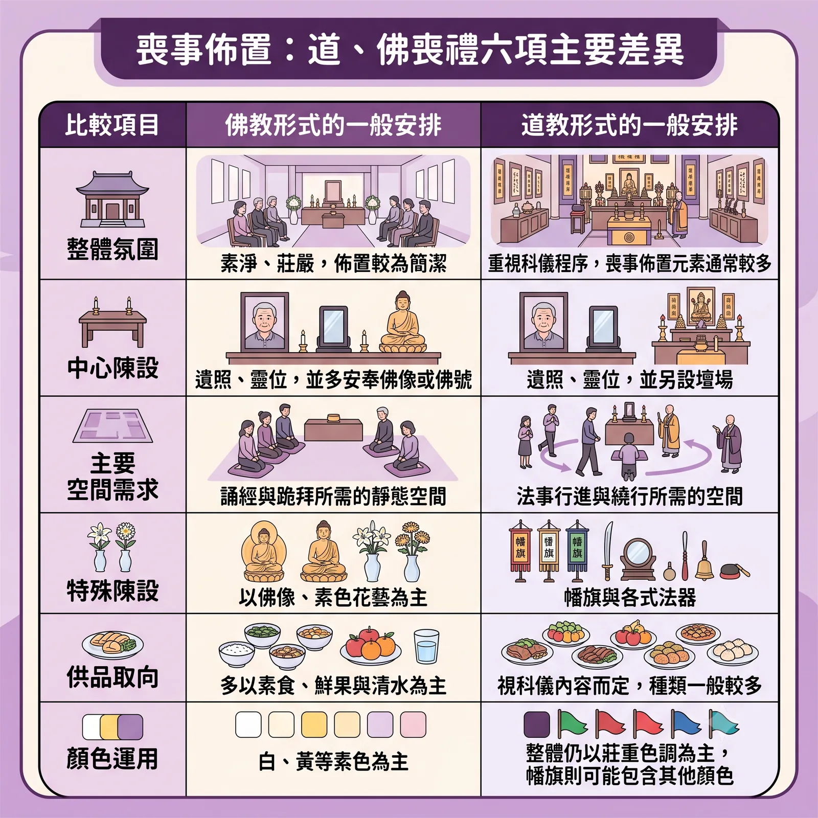 道教與佛教喪禮佈置六項主要差異對比圖表，包含：1. 整體氛圍（佛教素淨簡潔 vs 道教元素較多）；2. 中心陳設（佛教安奉佛像/佛號 vs 道教另設壇場）；3. 主要空間需求（佛教靜態誦經空間 vs 道教法事行進繞行空間）；4. 特殊陳設（佛教佛像素色花藝 vs 道教幡旗法器）；5. 供品取向（佛教素食鮮果清水 vs 道教依科儀種類較多）；6. 顏色運用（佛教白黃素色 vs 道教莊重色調加多色幡旗）。