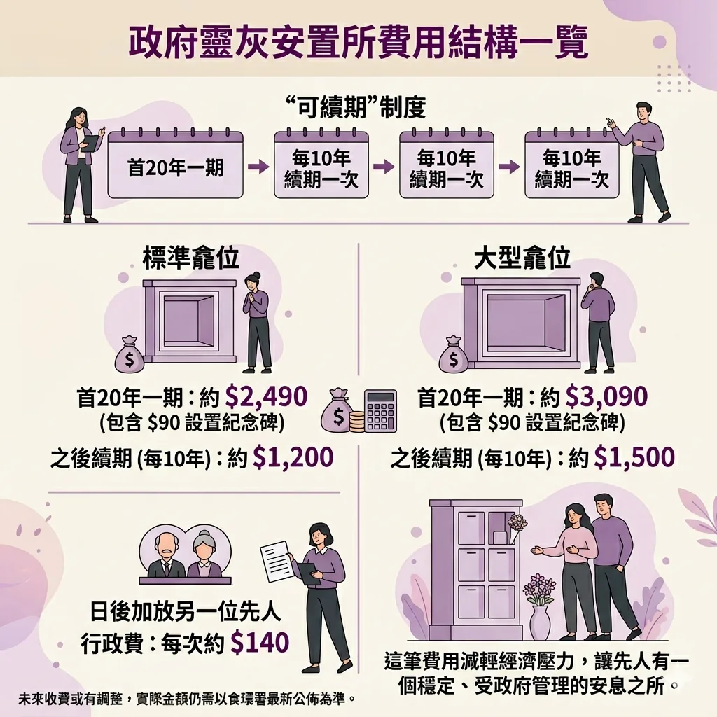 政府標準龕位與大型龕位的首20年租金及續期費用明細表