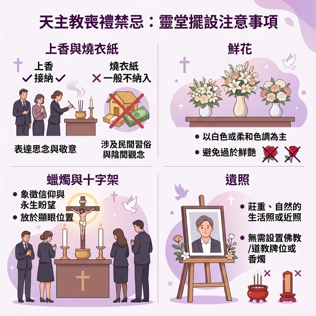 天主教喪禮禁忌插圖，詳解靈堂擺設四要點：上香可接納但不可燒衣紙；鮮花以白色或柔和色調為主；十字架與蠟燭放於顯眼處；遺照採自然莊重近照，且無需設置佛道教牌位與香燭。