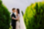 Bride and groom embrace and smile between green hedges outdoors, with the bride in lace dress and long veil.