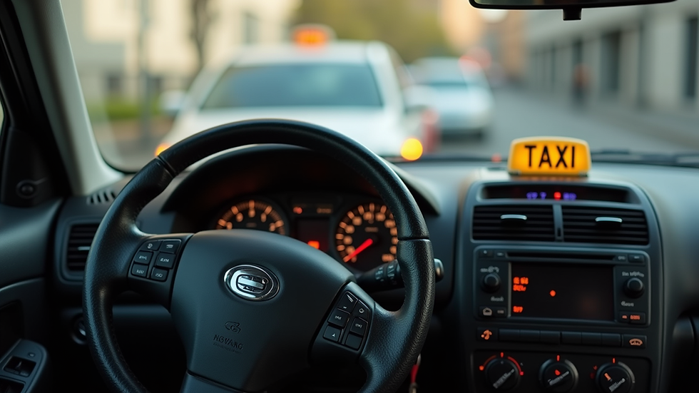 Close-up view of a taxi meter and steering wheel inside a taxi