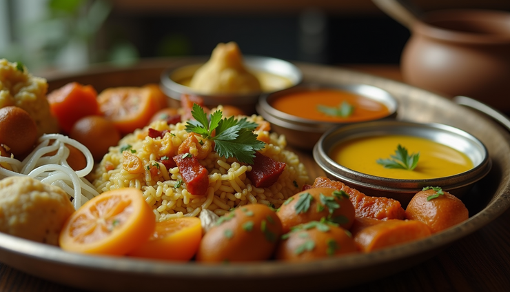 High angle view of traditional Maharashtrian thali with multiple dishes