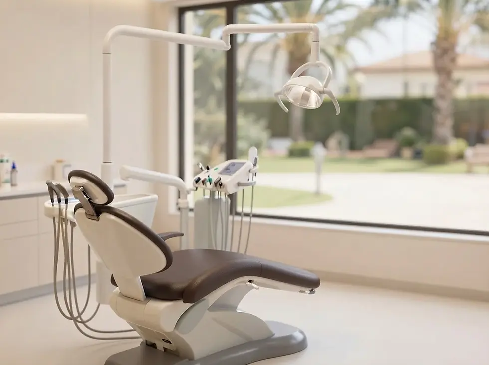 Studio photography of a modern, empty dental treatment chair in a pristine clinical office. The atmosphere is calm, professional, and brightly lit with an outdoor view.