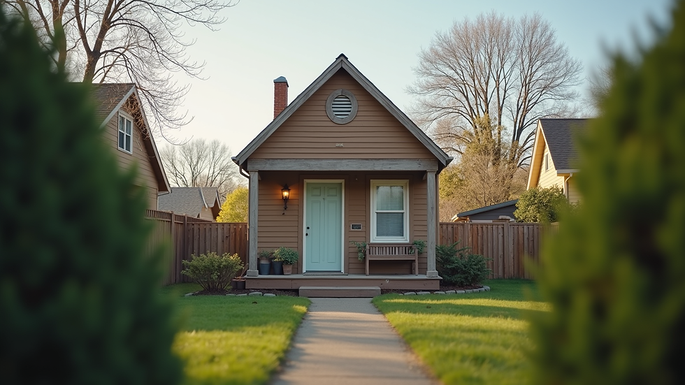 Eye-level view of a small, cozy tiny home in a quiet neighborhood