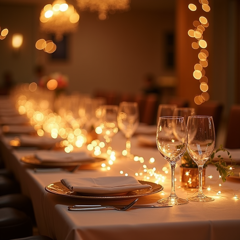 An elegant gala dinner table setting with crystal glassware reflecting soft abstract sparkles of light.