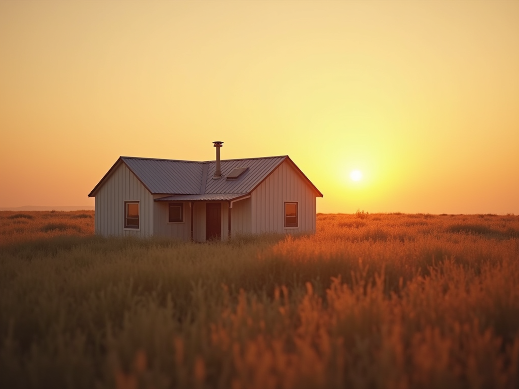 An architecturally modern tiny home bathed in the warm glow of a golden sunset.