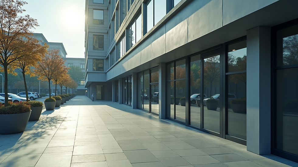 High angle view of a clean commercial building exterior with sparkling windows