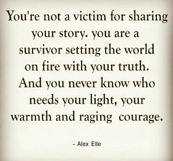 Inspirational quote by Alex Elle on a beige background: "You're not a victim for sharing your story. You are a survivor..." The mood is empowering.