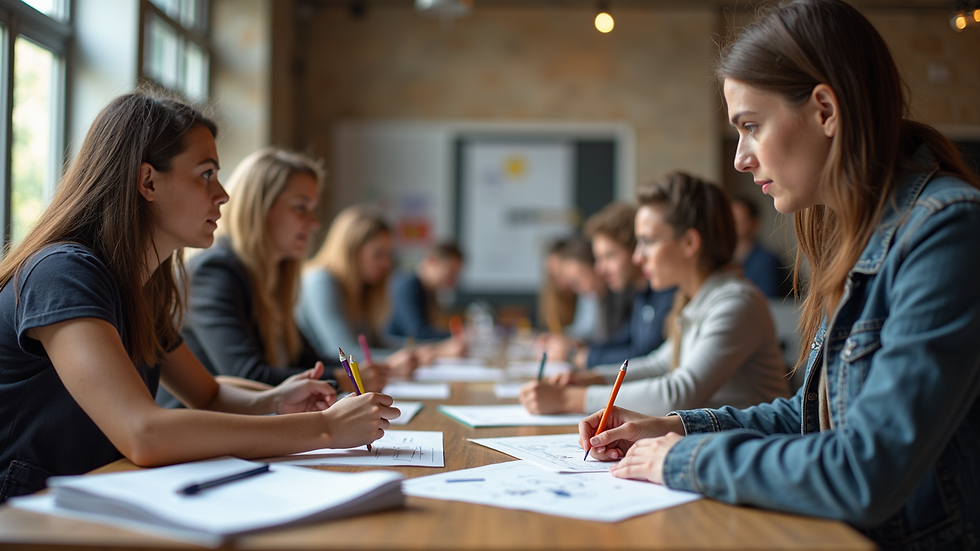 Eye-level view of a creative workshop in progress with participants engaged in activities