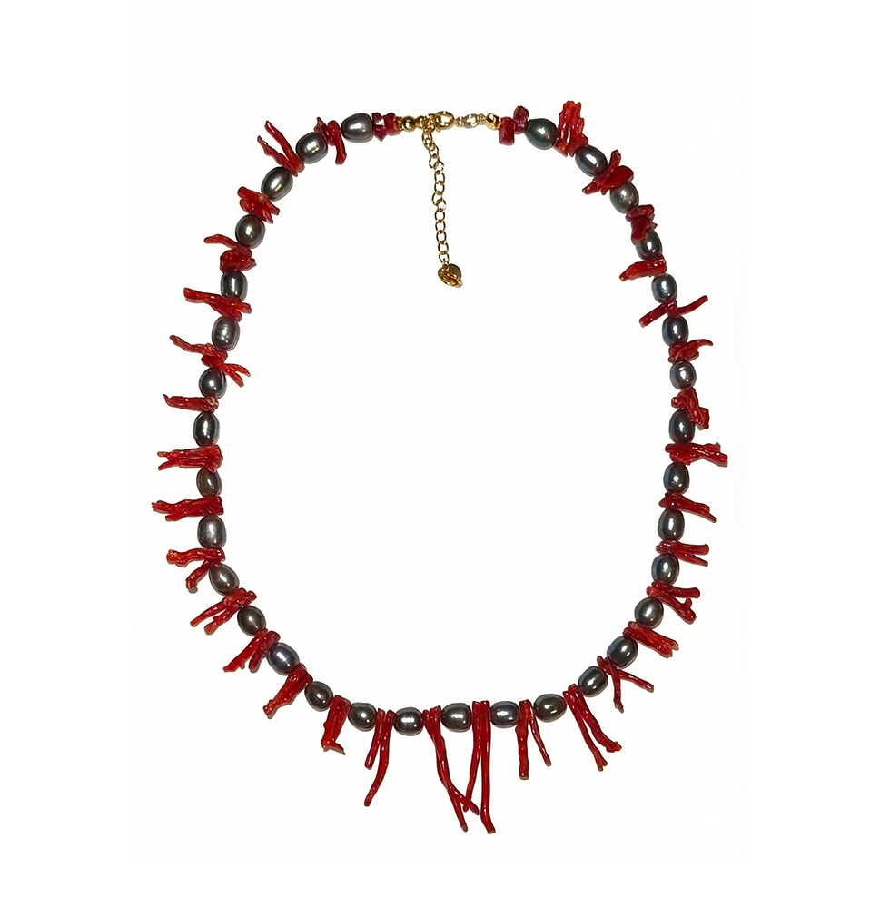 Collana Corallo mediterraneo e perle nere di fiume