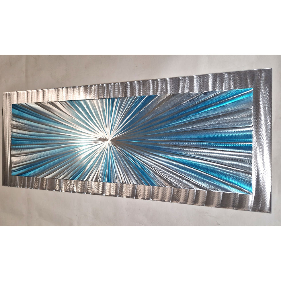 Thumbnail: Burst. Modern abstract metal artwork. Teal and silver. Silver surround