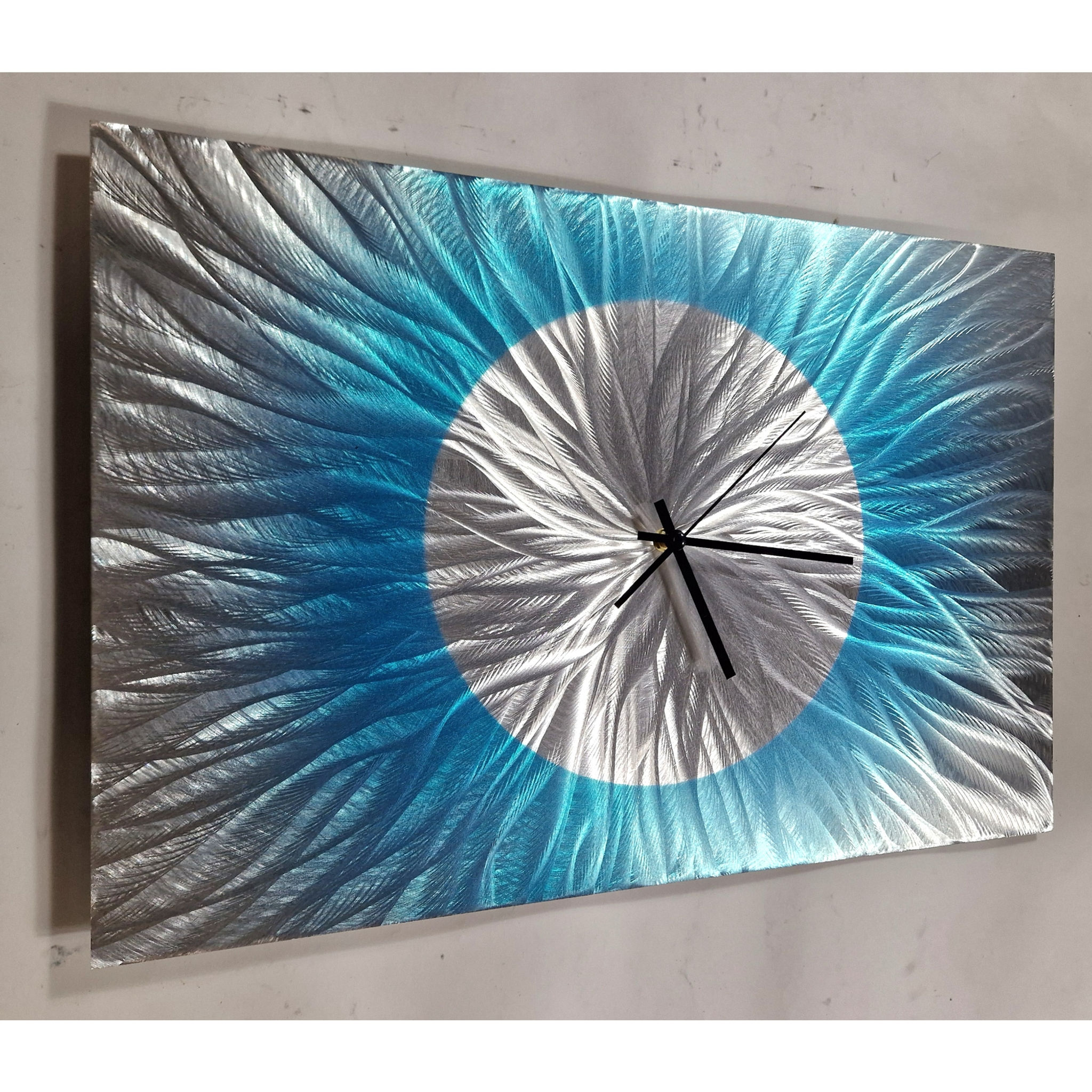 Modern Abstract Metal Artwork Clock. Teal and Silver