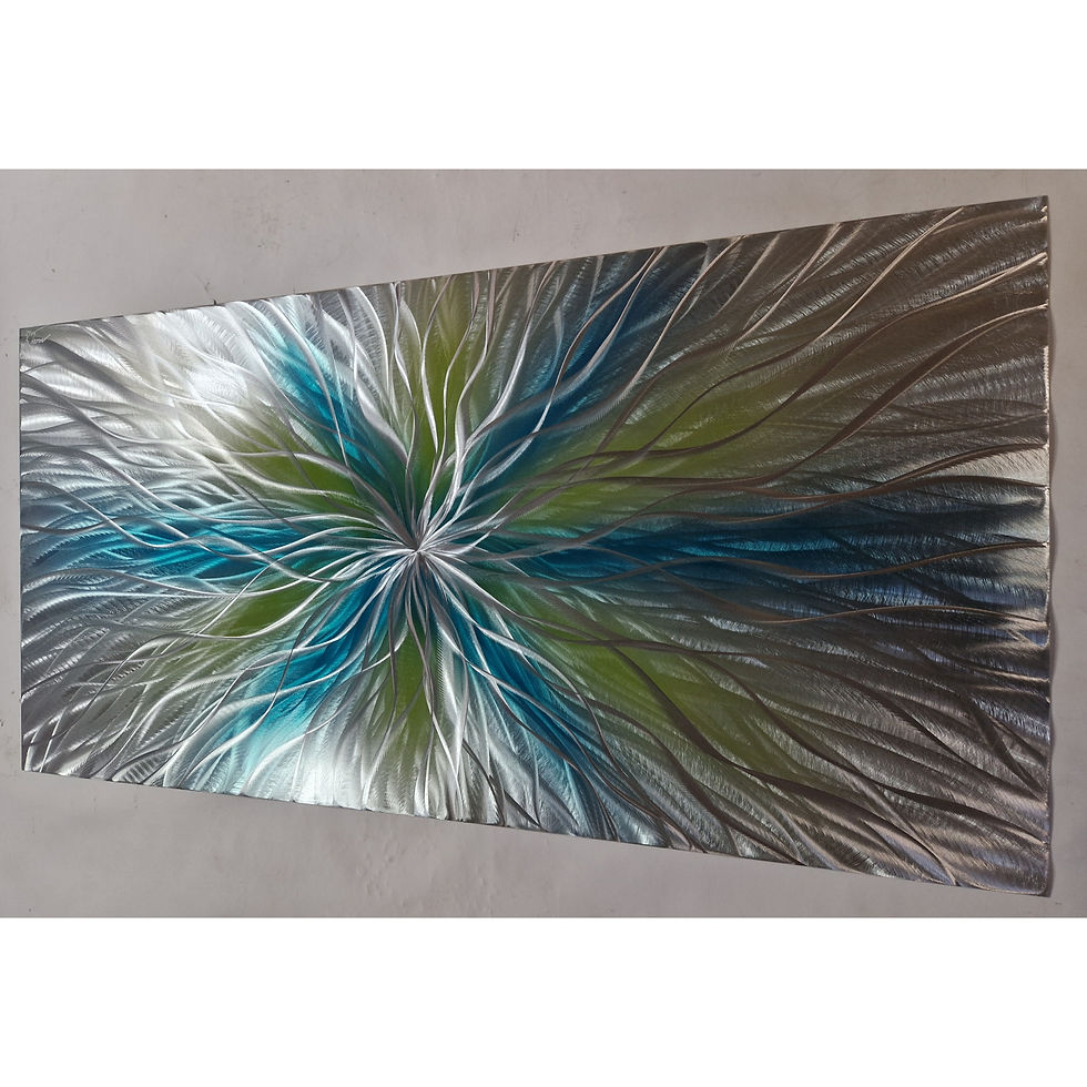 Thumbnail: Super Nova. Green, teal and  silver.  Modern abstract metal artwork.