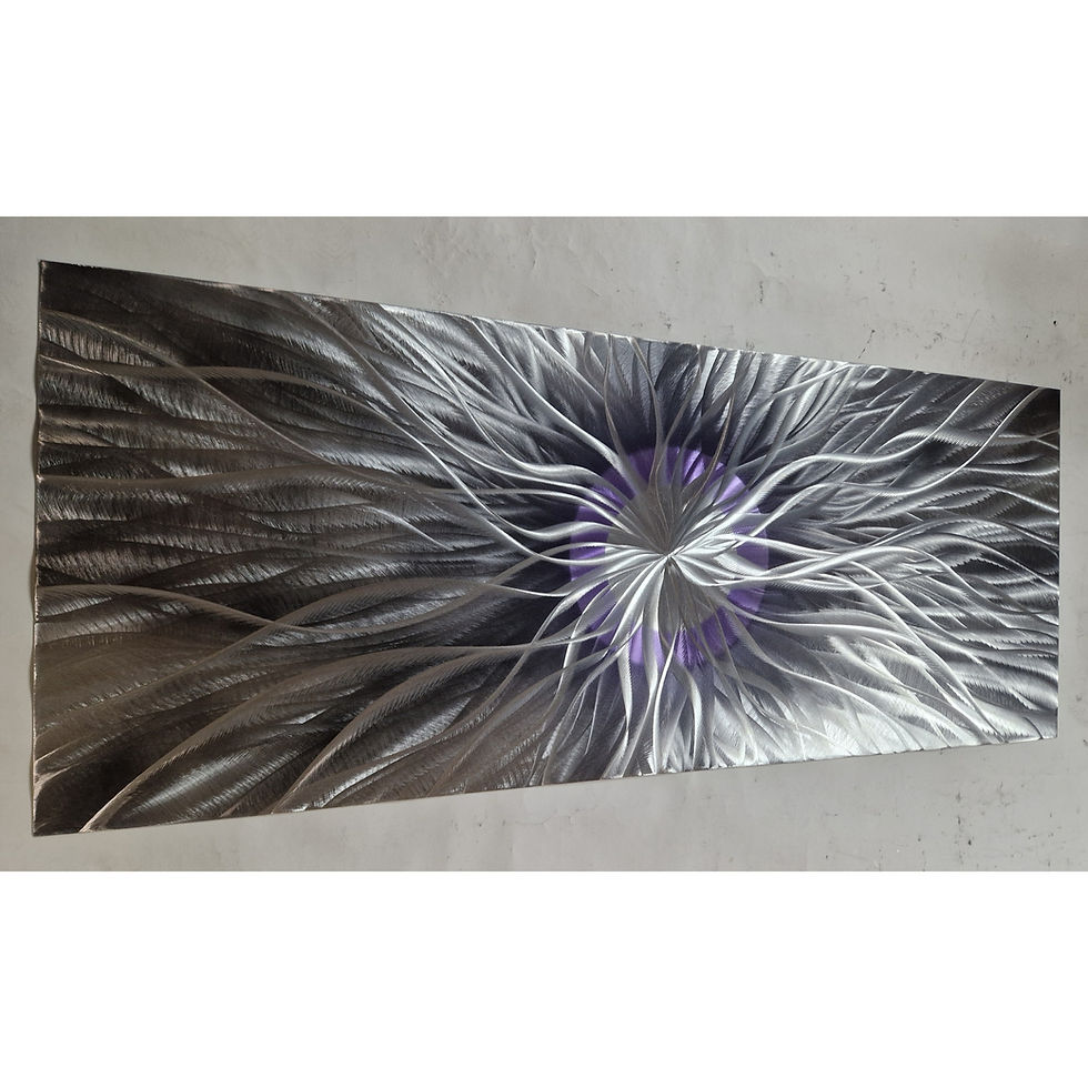 Thumbnail: Optics. Grey, purple, and silver. Modern abstract contemporary metal artwork.