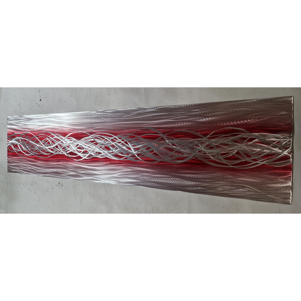 Thumbnail: Fused. Red and silver. Modern abstract contemporary metal artwork.