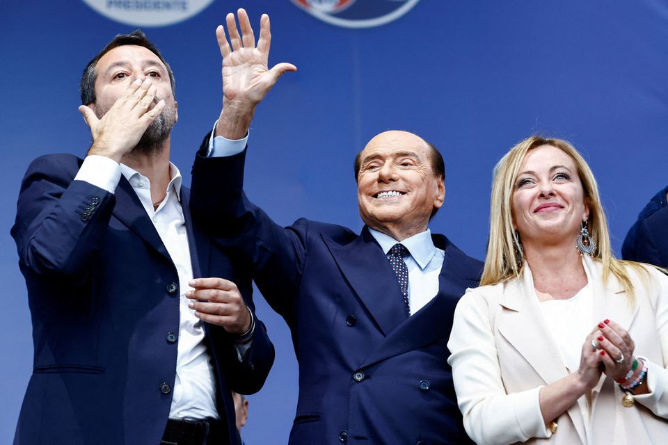 Lega (League) leader Matteo Salvini, Forza Italia leader Silvio Berlusconi and Fratelli d'Italia leader Giorgia Meloni gesture during the closing electoral campaign rally of the centre-right's coalition. Credit: Reuters/Yara Nardi