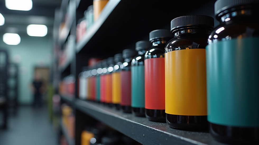 Eye-level view of supplement bottles lined up on a gym shelf