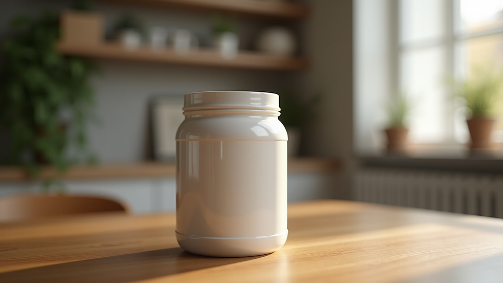 Close-up view of protein powder container on a wooden table