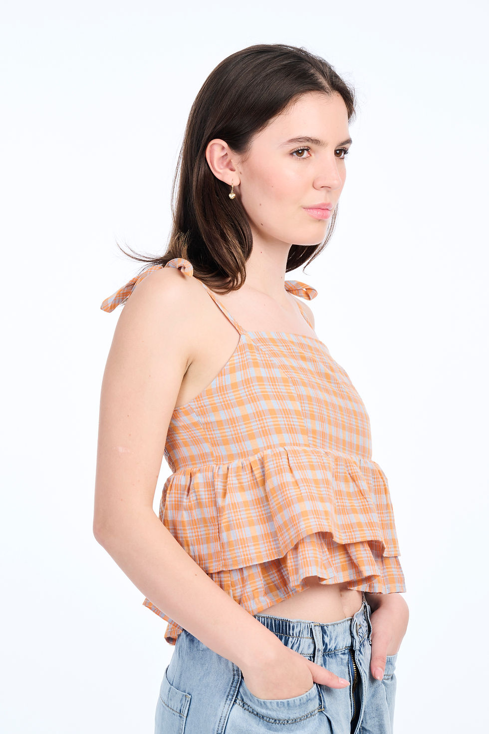Miniatura: PLAID FABRIC SHOULDER TIED TOP