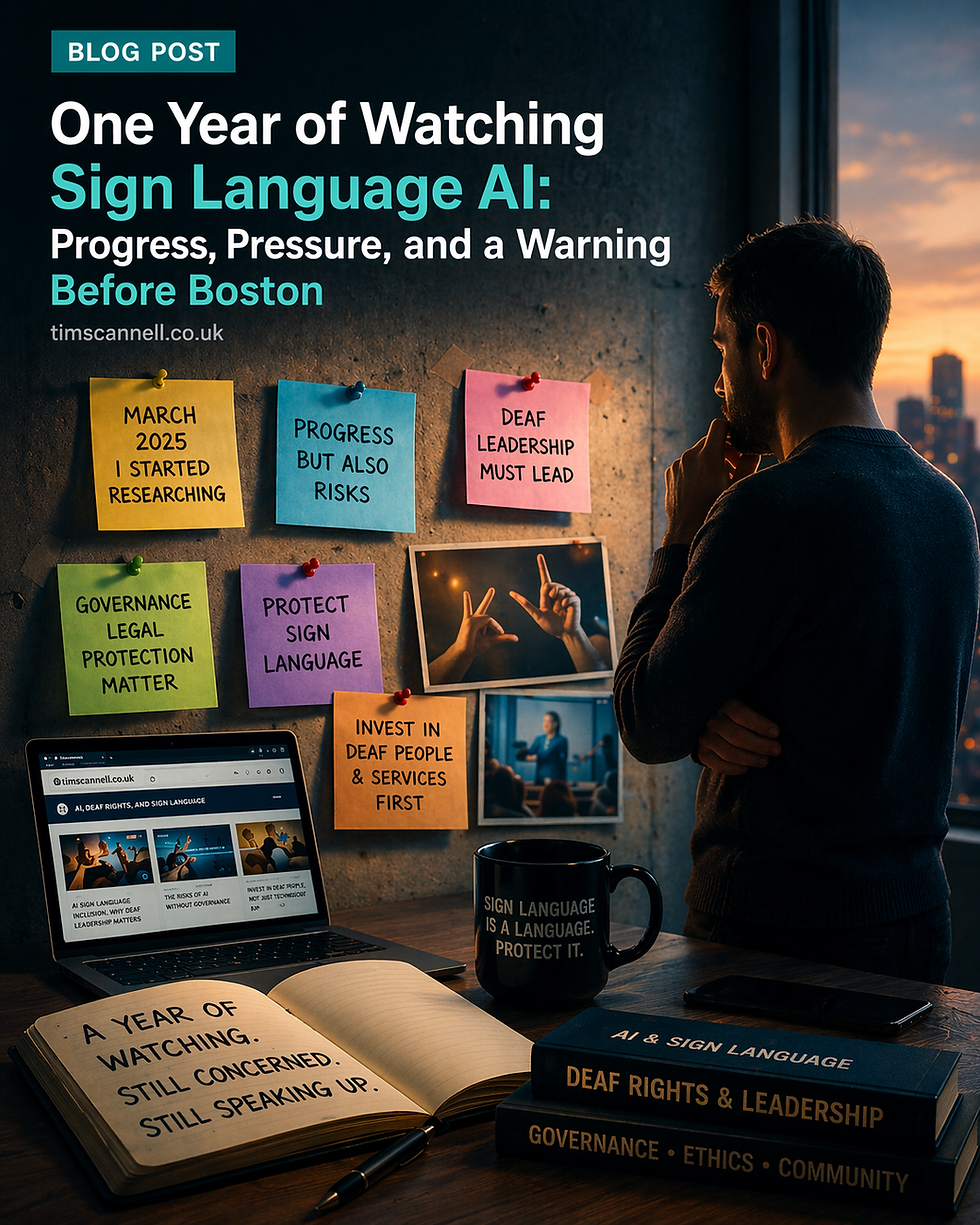 Blog post reflection on a year of monitoring AI advancements in sign language, highlighting progress, pressures, and crucial leadership needs.