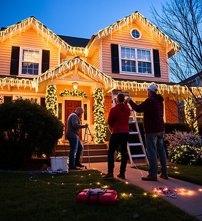 Men working on house Christmas lights .j
