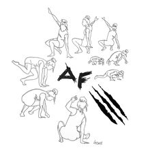Ink minimalist drawing of a girl doing Animal Flow fitness sequence